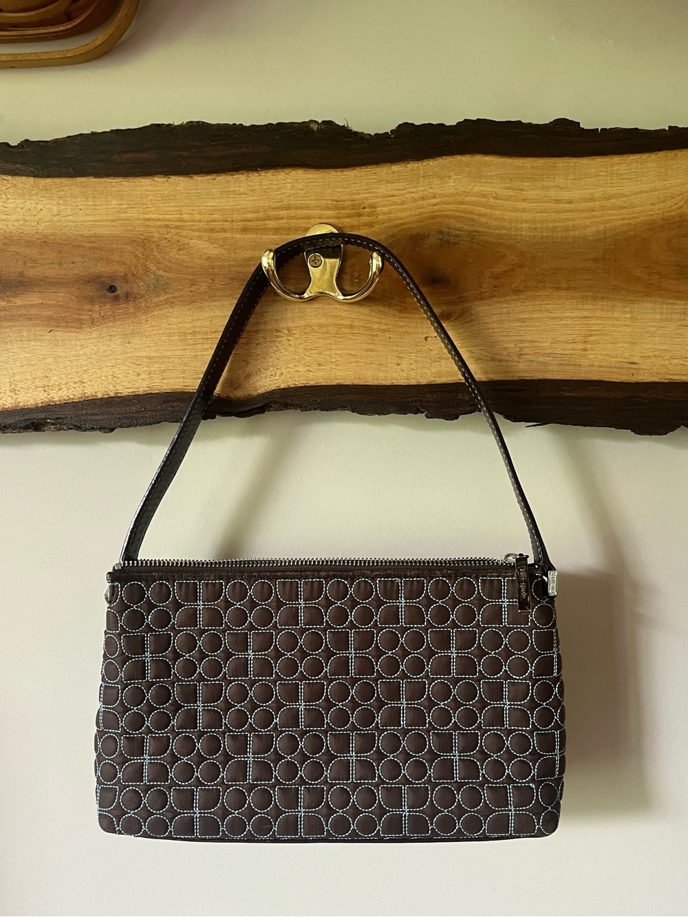 Y2K 90s 2000s Kate Spade Dot Noel Baguette Shoulder Bag Purse Brown Blue Vintage